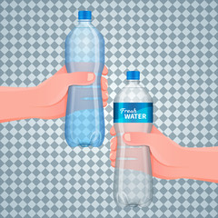 Hand holds a plastic bottle. Realistic water bottles with and without labels on transparent background. Mock up template. Vector illustration