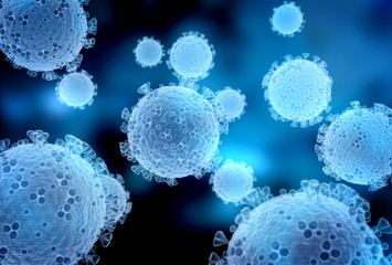 Poster - Wireframe hologram microscopic close-up of the covid-19 disease. Coronavirus illness spreading in body cell. 3D rendering