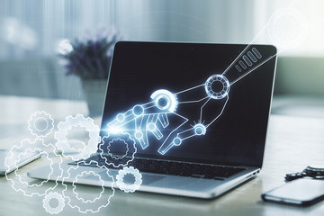 Aufkleber - Creative abstract robotics technology sketch on modern laptop background, future technology and AI concept. Double exposure