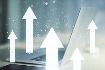 creative abstract upward arrows sketch on modern laptop background, target and goal concept. multiex