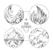 Modern Magic Witchcraft Card With  Four Elements. Hand Drawing Occult Illustration Of Water, Earth, Fire, Air