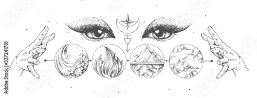 Fotografía Modern magic witchcraft card with solar system, four elements and fortune teller eyes