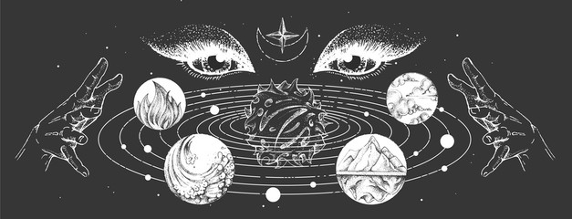 Wall Mural - Modern magic witchcraft card with solar system, four elements and fortune teller eyes. Hand drawing occult illustration of water, earth, fire, air