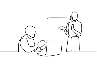 Poster - continuous line drawing of business presentation with team in meeting room. young manager explain so