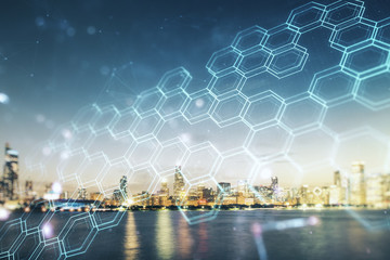 Poster - Double exposure of abstract virtual technology hologram with hexagon on Chicago city skyscrapers background. Research and development software concept