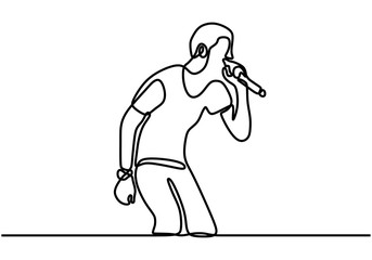 Wall Mural - Continuous line drawing of young happy male rocker singer holding microphone and singing on music concert stage. Singer posing with microphone. Musician artist performance concept.