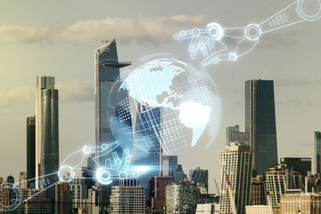 Aufkleber - Abstract virtual robotics technology hologram with globe sketch on New York city skyline background. Robot development and automation concept. Multiexposure