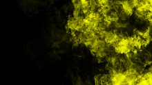Fog And Yellow Mist Effect On Black Background. Smoke Texture Overlays For Text Or Copyspace.