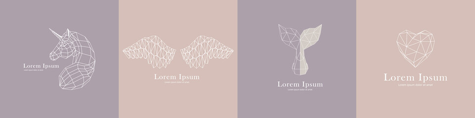 Vector linear animal logos on a gentle background. Set of geometric illustrations in origami style.
The image consists of triangles and rhombuses.