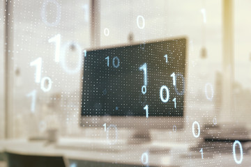 Poster - Creative abstract binary code sketch on modern laptop background, hacking and matrix concept. Multiexposure