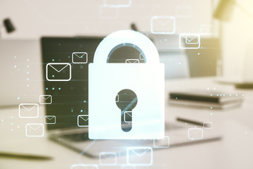 Poster - Double exposure of creative lock hologram with email symbols on laptop background. Information security concept