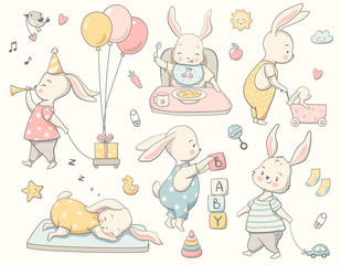 Cute baby bunny set, little rabbit collection. Perfect for nursery poster, baby shower celebration, greeting card, tag, invitation, kids wear, sticker kit. Hand drawn vector illustration.