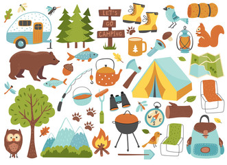 camping and hiking set, hand drawn elements- tent, campfire, map and wild animals. perfect for scrap