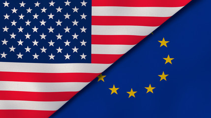 Wall Mural - The flags of United States and European Union. News, reportage, business background. 3d illustration