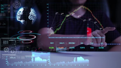Poster - woman using business user interface with stock graph chart and indicator element, raising and fallin