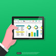 Hand holding tablet concept. businessman review spreadsheet financial analysis report with chart and graph. flat design for business concept with green background, Vector illustration.