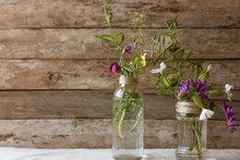 Meadow Natural Wildflowers Bouquets In Glass Jars And Bottles On Wooden Rustic Background. Space For Text. Herbal Medicine And Phytoterapy Concept. Country Style Life Concept.