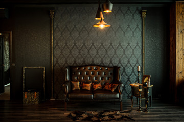 old vintage interior with leather sofa