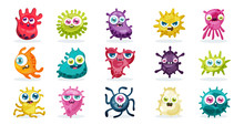 Coronavirus Monster Design Vector. Virus Infection And Micro Bacteria Character. Microbe, Pathogen, Virus Coronavirus 2019-nCoV. Cute Monster.