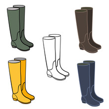 Set Of Differently Coloured Wellington Boots. Vector Outline Illustration Drawings Of Gumboots Isolated On A White Background.