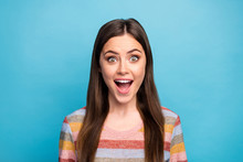 Close-up Portrait Of Her She Nice-looking Feminine Lovely Pretty Cute Cheerful Cheery Girl Great News Reaction Isolated Over Bright Vivid Shine Vibrant Blue Color Background
