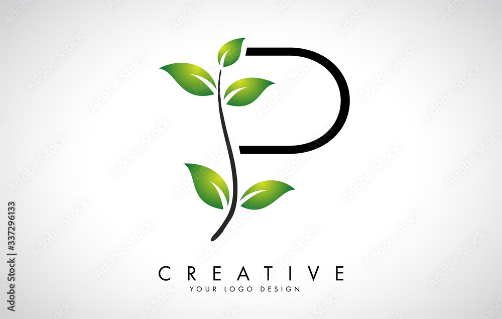 Leaf Letter P Logo Design with Green Leaves on a Branch. Letter P with ...