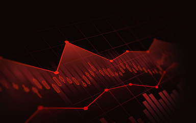 Abstract financial chart with down trend line graph in stock market on red color background