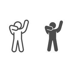 Poster - Man silhouette posing line and solid icon. Man in front pose with raised hands outline style pictogram on white background. Relax man poses for mobile concept and web design. Vector graphics.