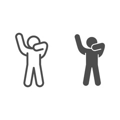 Poster - Stick figure with hands up line and solid icon. Man in front pose with raised hands outline style pictogram on white background. Human poses for mobile concept and web design. Vector graphics.
