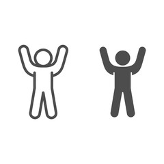 Poster - Stick figure cheering with his hand up line and solid icon. Man with arms up outline style pictogram on white background. Stickman raise hands for mobile concept and web design. Vector graphics.