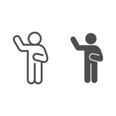 Poster - Hello pose line and solid icon. Man with raised hand and lowered hand to right outline style pictogram on white background. Person waving with hand for mobile concept and web design. Vector graphics.