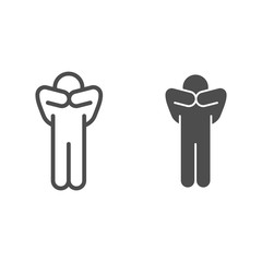 Poster - Man pose with hands on face line and solid icon. Person thinking with both hand on his head outline style pictogram on white background. Crying pose for mobile concept and web design. Vector graphics.
