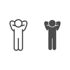 Poster - Success pose line and solid icon. Man pose with hands behind head outline style pictogram on white background. Businessman relaxation or celebration for mobile concept and web design. Vector graphics.