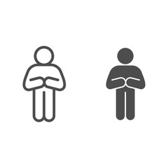 Poster - Begging or apologizing man pose line and solid icon. Front pose of man with folded arms outline style pictogram on white background. Pray Pose for mobile concept and web design. Vector graphics.