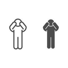 Poster - Worrying pose line and solid icon. Man pose with raised hands on face outline style pictogram on white background. Anxious person both hand on head for mobile concept and web design. Vector graphics.