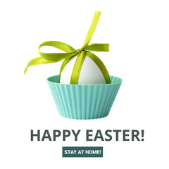 Wall Mural - Сreative banner with easter egg and green ribbon. Happy Easter. Stay at home. 