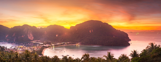 Wall Mural - aerial view of phi-phi island during purple sunset