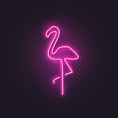 Neon flamingo lamp wall sign isolated on transparent background. Vector pink power glowing bulb banner, light line border or frame.