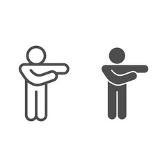 Poster - Man pointing with arms to right line and solid icon. Man with two arms raised right outline style pictogram on white background. Stick figure for mobile concept and web design. Vector graphics.
