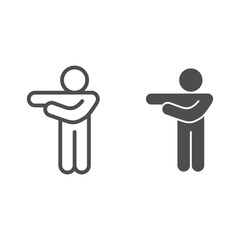 Poster - Man pointing with arms to left line and solid icon. Man with two arms left outline style pictogram on white background. Stick figure or stickman for mobile concept and web design. Vector graphics.