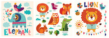 Colorful Baby Collection Of Funny Animals Owl, Cat, Bird, Crocodile, Lion, Fox And Children Poster Design With Lion And Elephant