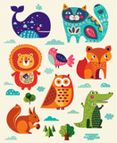 Fototapeta Dinusie - Colorful baby collection of funny animals owl, cat, bird, crocodile, lion, fox, whale and children poster design with lion