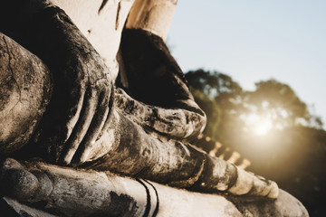 Wall Mural - Blurred Background antique buddha pagoda statue in Thailand Ayutthaya buddhist ancient temple. Thai tourist pray for good luck, zen peaceful and holy meditation relax.