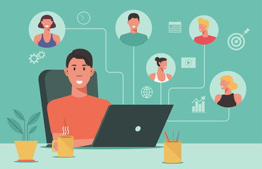 people connecting and working online together on laptop computer, remote working, work from home and work from anywhere and new normal concept, vector flat illustration