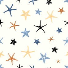 Summer Seamless Pattern With Scattered Abstract Silhouettes Starfishes. Vector Colorful Simple Print On Ivory Background.