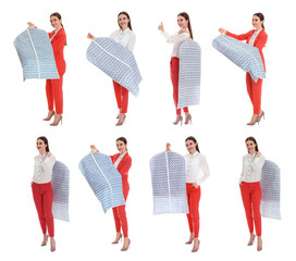 Wall Mural - Collage of woman holding hanger with clothes on white background. Dry-cleaning service