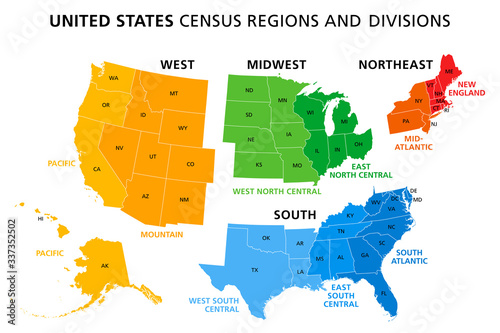 Fotografía Map of United States split into Census regions and divisions