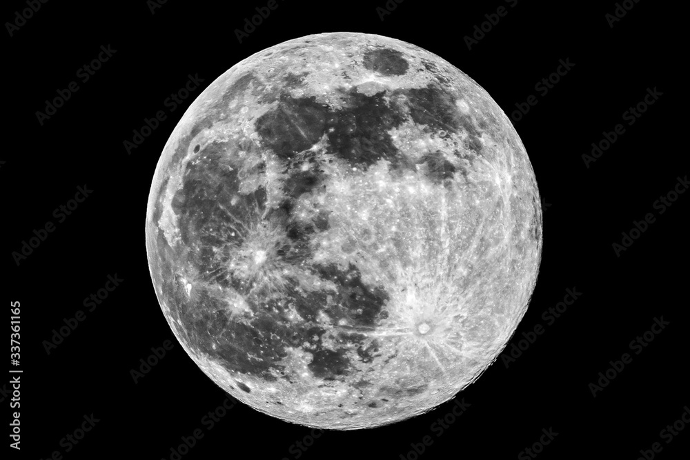 The picture shows the super moon (full moon) over the city of Bottrop in North Rhine-Westphalia with a clear night sky. - obrazy, fototapety, plakaty 