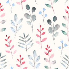 Wall Mural - Seamless pattern with watercolor leaf and branch