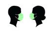 Czarna sylwetka głowy mężczyzny i kobiety z profilu, w maskach higienicznych, na białym tle
